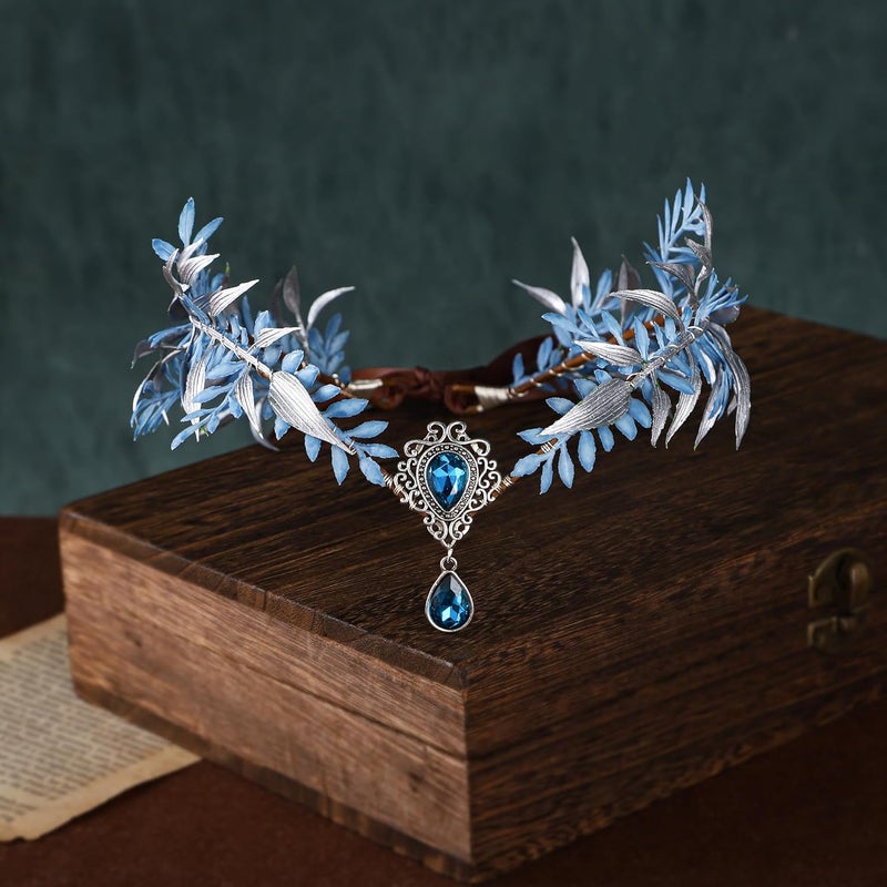 MOSTORY Blue Flower Fairy Crown - Woodland Elf Headpiece Floral Headband Forest Leaf Circlet for Women Renaissance Renfaire Halloween Cosplay Fantasy Photo Shoot - Image 5